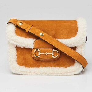 Gucci Light Brown Suede and Shearling Horsebit 1955 Small Bag